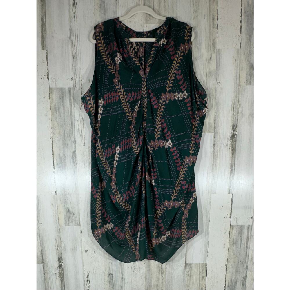 Alice Ritter Dress Green Floral 100% Silk Sheer Oversized‎ Split Neck Pleated